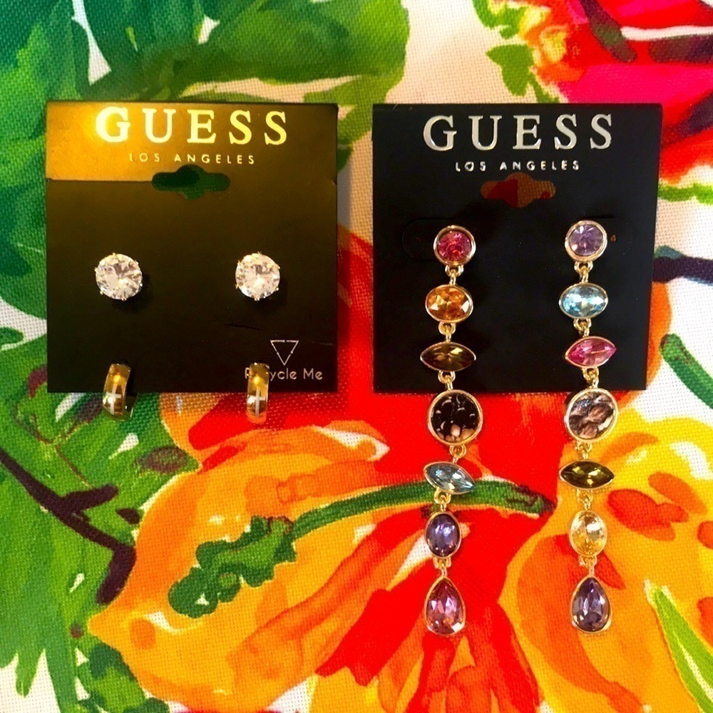 Brand New Guess Rhinestone Stud Gold Tone Cuff & Colorful Gemstone Drop Earrings